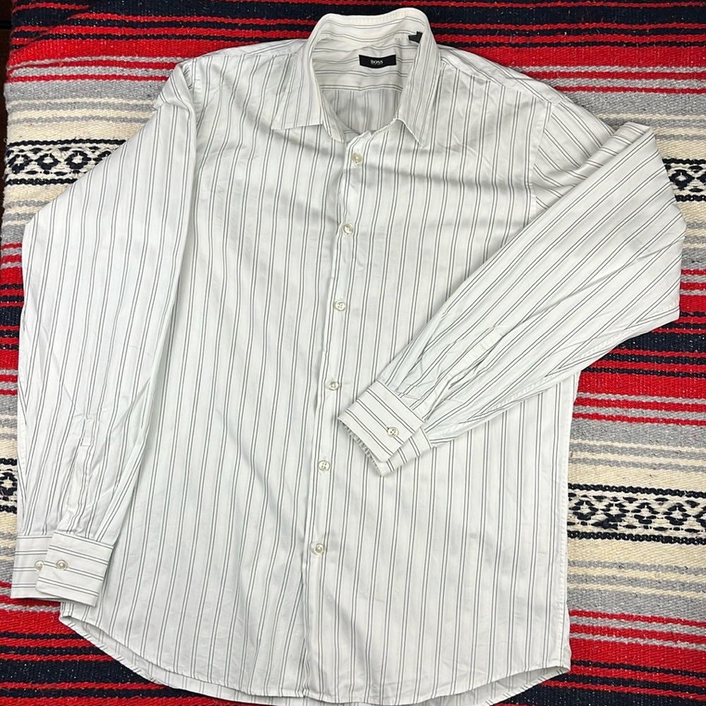 Hugo Boss Dress Shirt White with Pin Stripes |  Size 42 Neck 16 Half